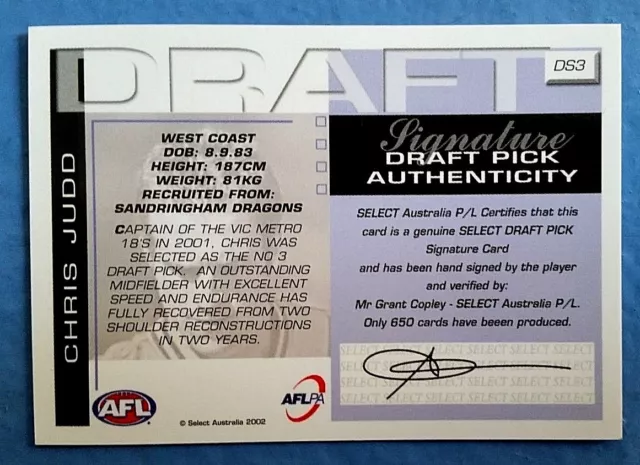 Chris Judd Afl Select Draft Pick Signature Card 2