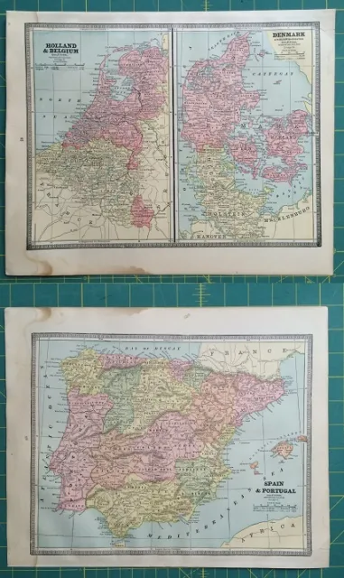 Spain Portugal Denmark Belgium Rare Original 1885 Antique Crams World Atlas Maps