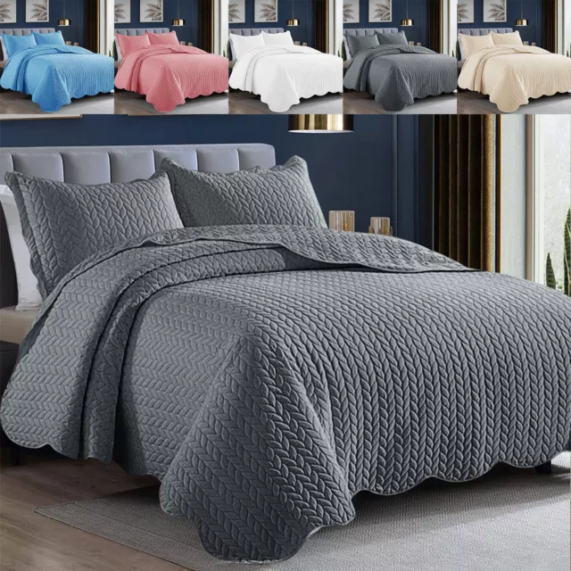 Quilted Bedspread Bed Throw Single Double King Size Bedding Set & Pillow Shams