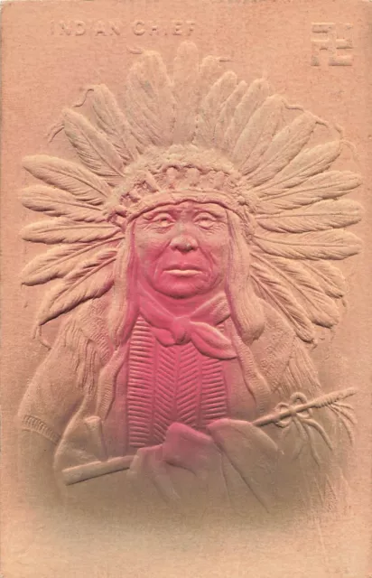 Vintage Postcard Embossed Indian Chief Whirling Log swastika peace navajo