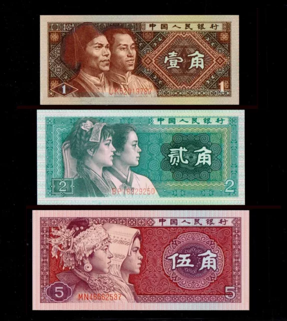 Set of 3 Pcs China 1 Jiao 2 Jiao 5 Jiao RMB Banknote Chinese Currency 1980 UNC