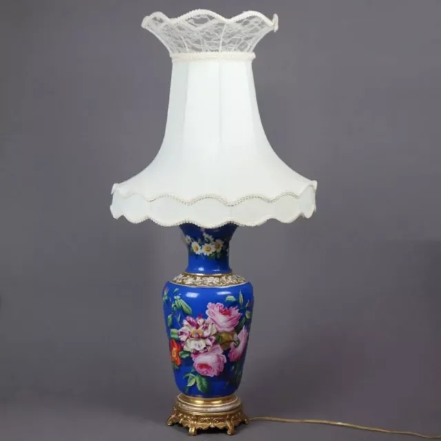 Antique Old Paris Hand Painted Floral Decorated Porcelain Table Lamp