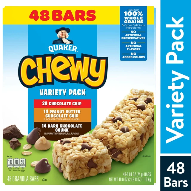 QUAKER CHEWY GRANOLA Bars Variety Pack 48 PACK 90100 Calories Per Bar