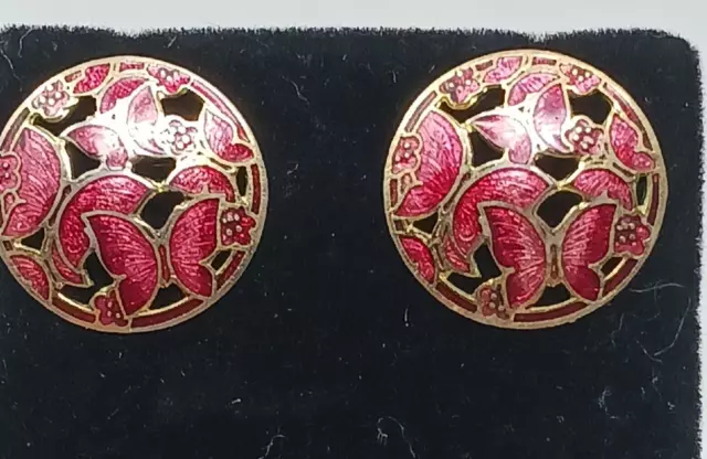 RED CLOISONNÉ BUTTERFLY Filigree Disc Gold Tone Pierced Earrings ...