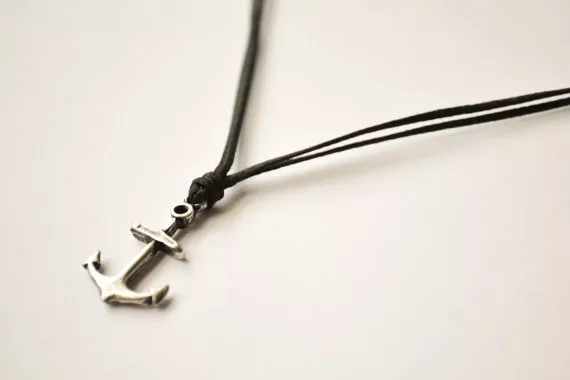 Anchor necklace for men silver pendant black string handmade gift for him surfer