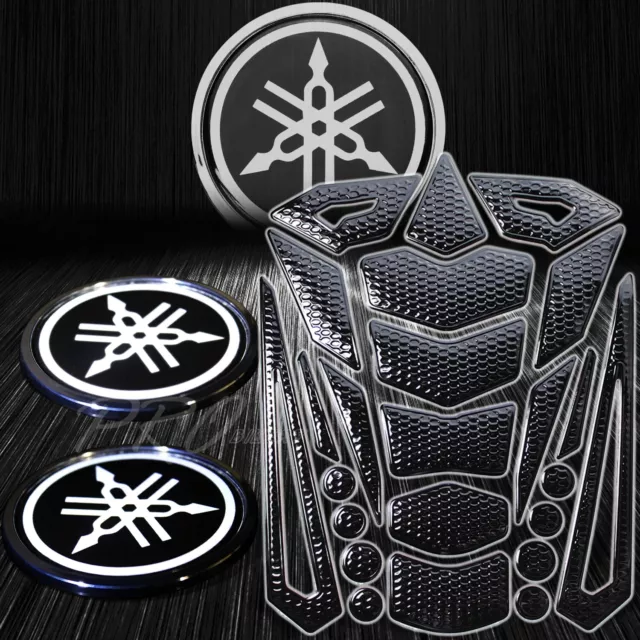 24PC-Perforated-Black Fuel Tank Pad+3D 2.5"Yamaha Reflective Logo Emblem Sticker