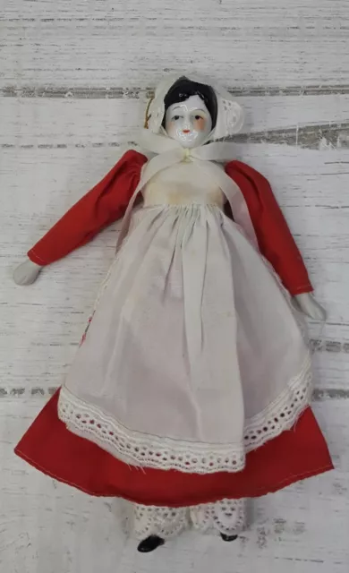 Vintage 7.5" Porcelain Victorian Girl Doll Christmas Ornament Red Dress Bonnet