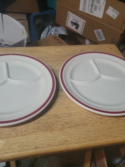 Syracuse China Econo Rim Red Stripe Maroon Line Divided Restaurant Plates (2)
