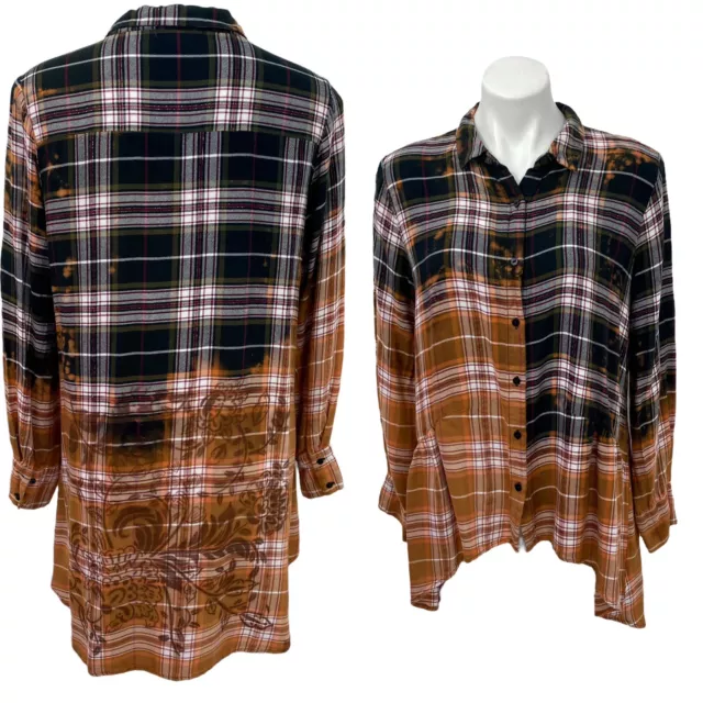 Peace & Pearls Womens Plaid Button Up Sz Large Upcycled Bleach Ombre Stencil