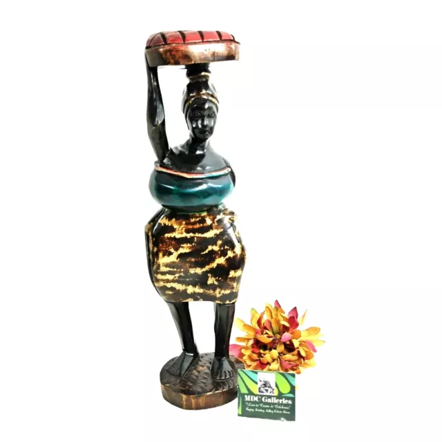 Figurine African Ghana Female Artisan Hand Carved Painted  Wood Vintage 13"