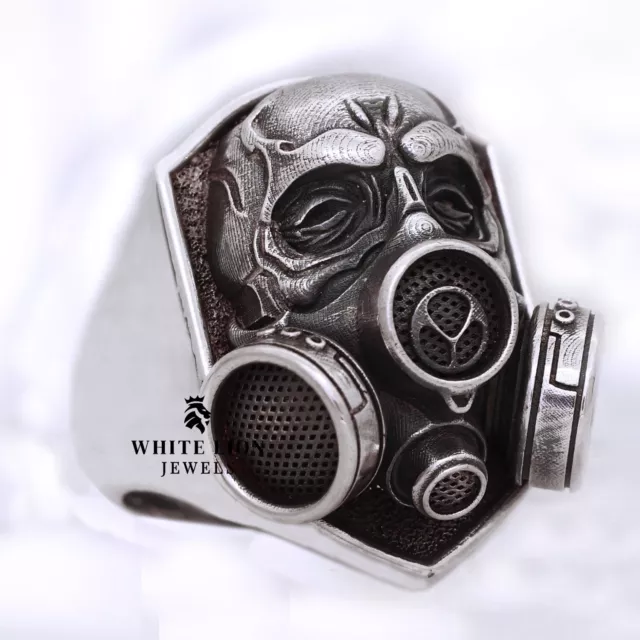 Mask Respirator Skull Inhalator 925 Sterling Silver Biker Rider Ring Gift Bday
