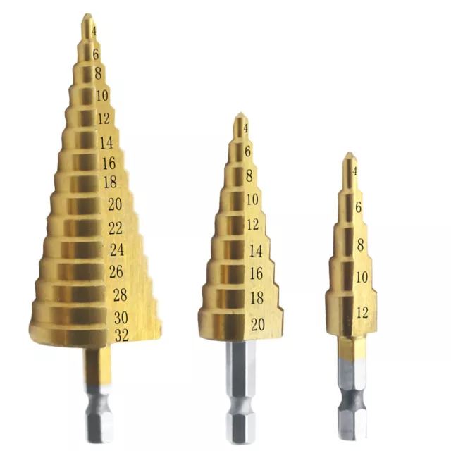 3pcs HSS Step Drill Bit Set 4-32mm 4-20mm 4-12mm Rainure Droite Foret Step E8U0