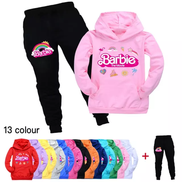 2PCS Kids Girls Pink Barbie Hoodies Casual Jumper Sweatshirt Tops Pants Outfits