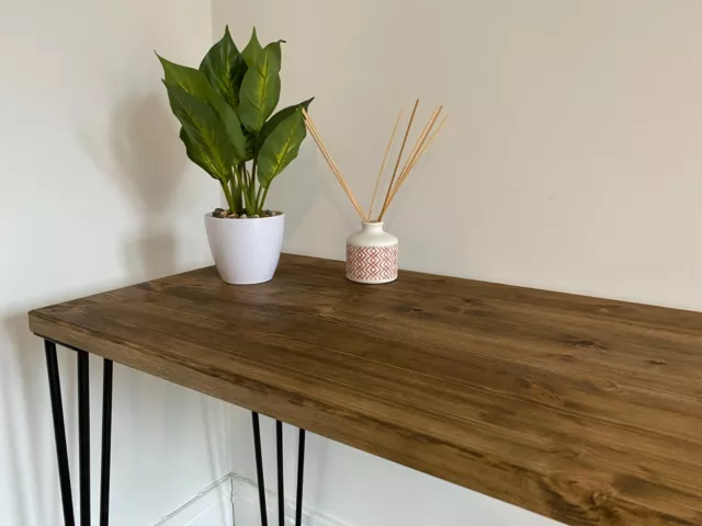 Hand Made wooden desk with metal 2 pronged legs - wood stained oak - 90x45cm