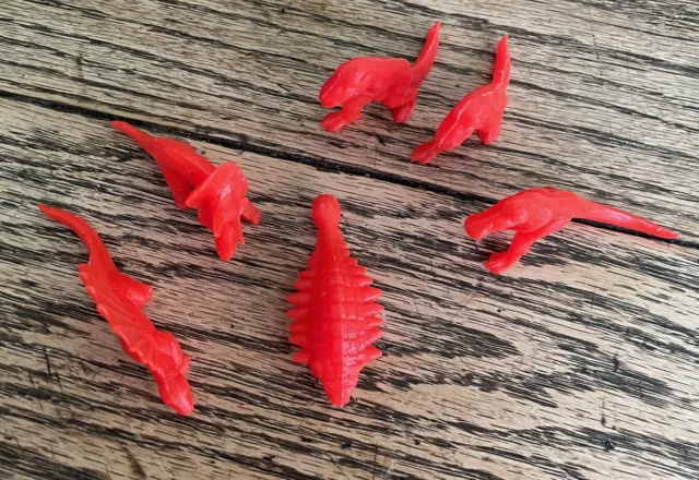 1970's Marx Vintage Plastic Dinosaurs Prehistoric Lot of 6 Small Mold Red Dinos
