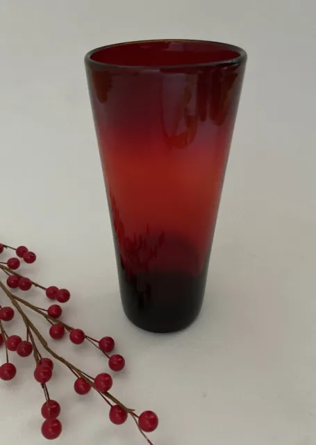 Vintage Blenko Barware Red Glass Vase Highball Tumbler 6-5/8” Hand Made