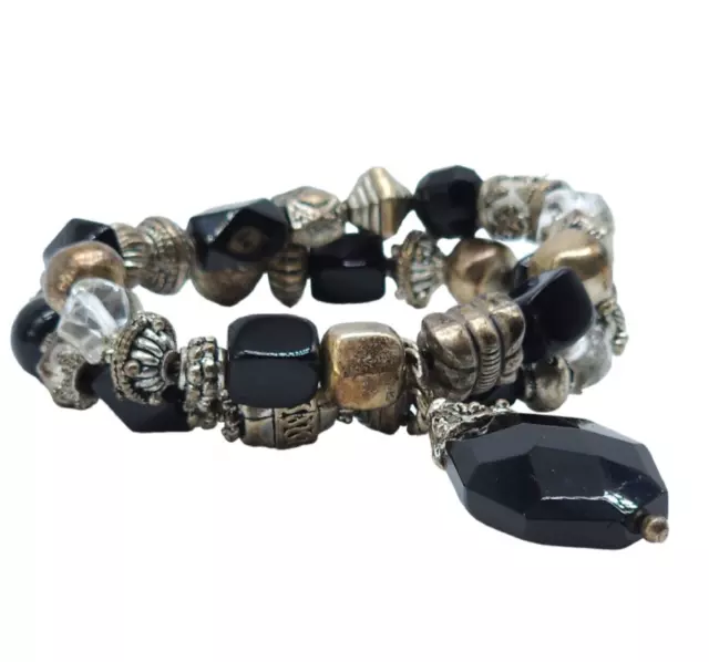 Womens Elegant Double Strand Black, Silver/ Clear Beaded Stretch Bracelet