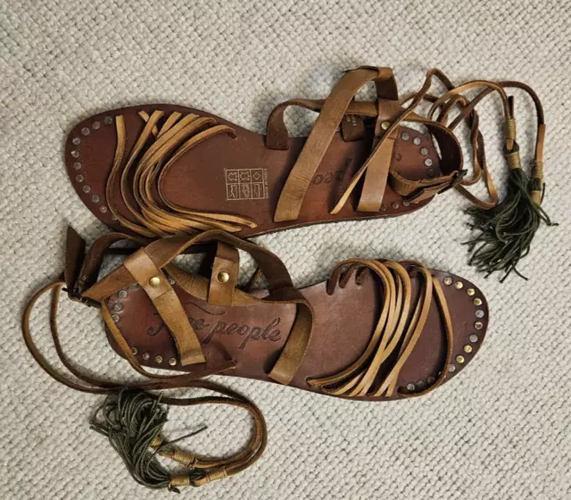 Free People Wrap Sandals Brown Leather Size 7.5 - strappy gladiator boho