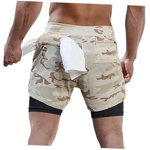 MEN'S 2-IN-1 RUNNING Workout Shorts Gym Training Athletic X-Small Khaki ...