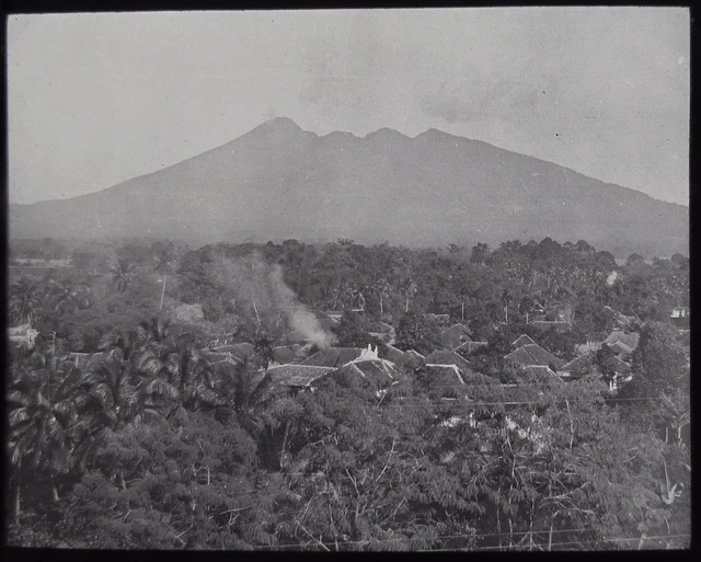 Glass Magic Lantern Slide VILLAGE BELOW VOLCANO C1900 PHOTO BORNEO ?