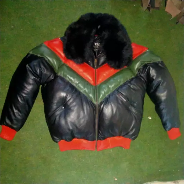 Men Bubble V Bomber Sheepskin Leather Jacket Detachable Original Fox Fur Collar