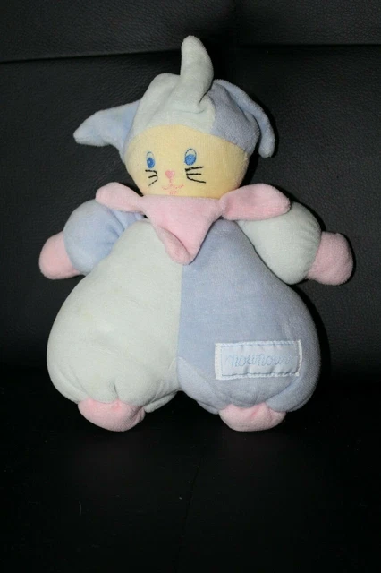 Doudou poupee chat jaune bleu et rose lutin NOUNOURS grelot couronne 20 cm