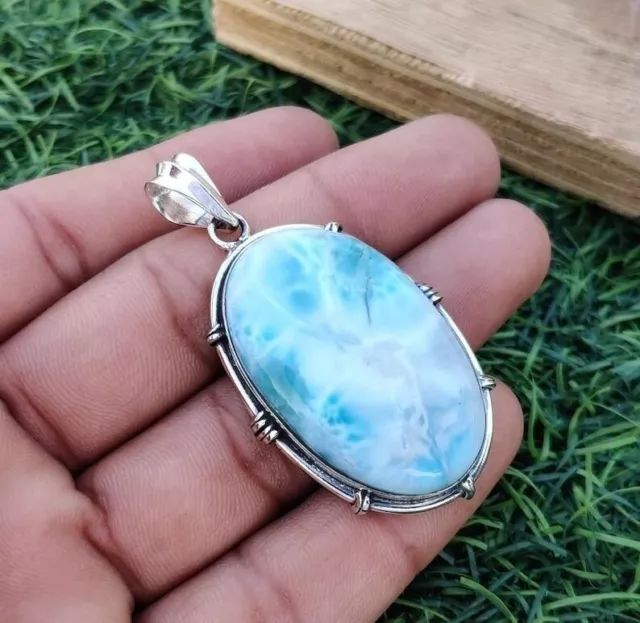 Natural Larimar Oval Cut Solid 925 Sterling Silver Statement Pendant  H666