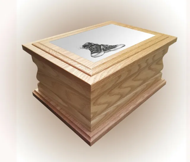 Personalised Wooden Oak Cremation Urn, Ashes Casket, Black and White Pumps