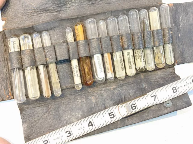 antique Johnson & MEDICAL ligatures glass vials pouch DR AK BOOM CATGUT SILKWORM
