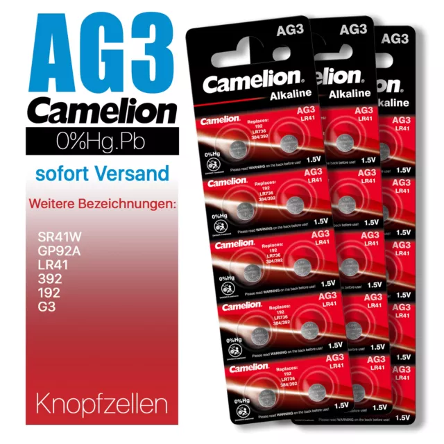 AG3 LR41 392 192 SR41W GP92A G3 Camelion Knopfzelle Batterie MHD bis 10-2028