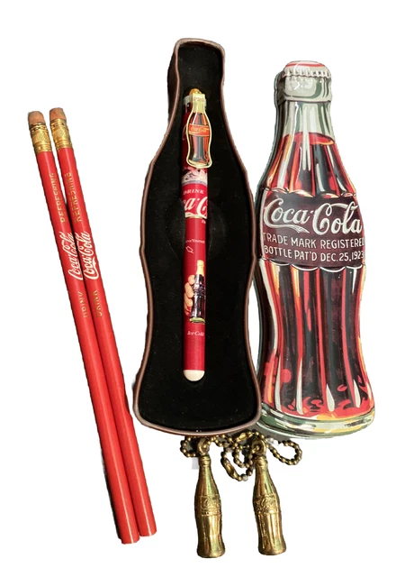 Vintage Coca-Cola Ink Pen in Collector Tin, 1996.  + 2 Pencils & Keychains