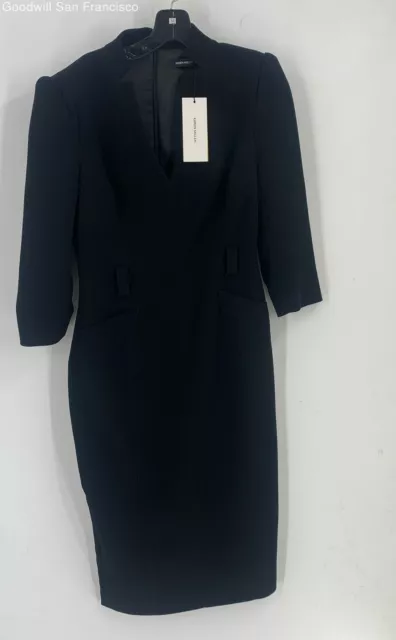 NWT Karen Millen Womens Black V-Neck 3/4 Sleeve Zip back Sheath Dress Size 8