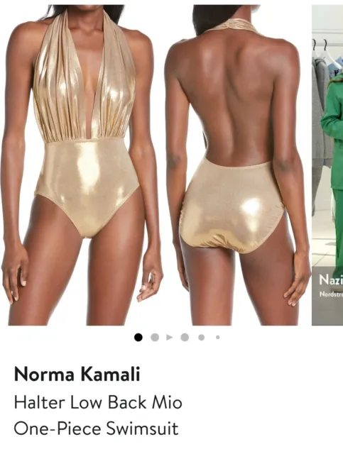 NORMA KAMALI Plunge Halter Low Back 1-Piece Swimsuit Size L Large Gold