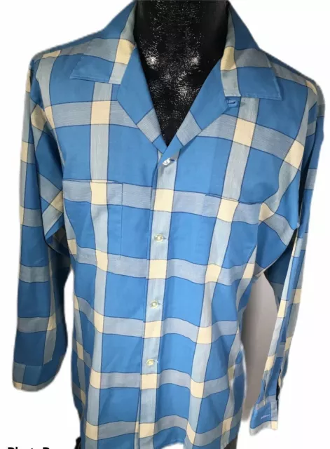 Vtg 50’s Arrow SANFORIZED Men Blue SHADOW PLAID Rockabilly Loop Collar Shirt L