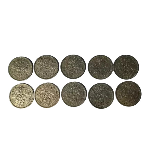 UK Sixpences 10x 1955 Britisch Alt Münze Sammlung 6p Sixpence 6d Set