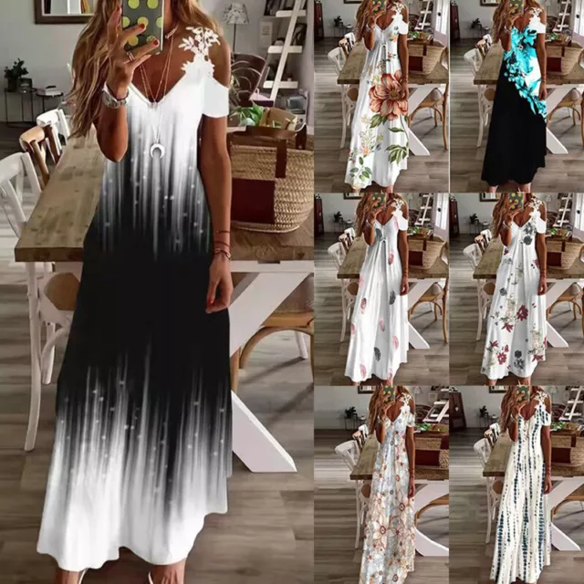 Women Maxi Boho Dress Floral Summer Beach Cocktail Evening Party Long Sundress ①