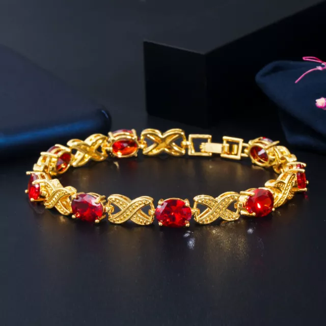 Top Red Bracelet Oval Cut Chain Link Bangle Women CZ Dubai Yellow Gold Plated