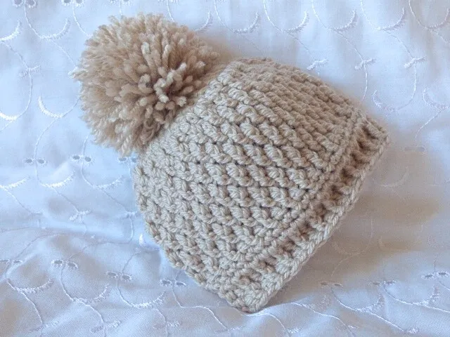 Baby Pebble Beige Pom Pom Hat Handmade Hand Crochet / Knitted Gift Shower Reveal