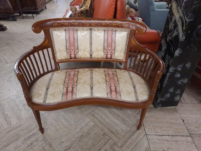 Divanetto A Fagiolo Inglese Edoardo VII , Divano In Legno Intarsiato Inglese