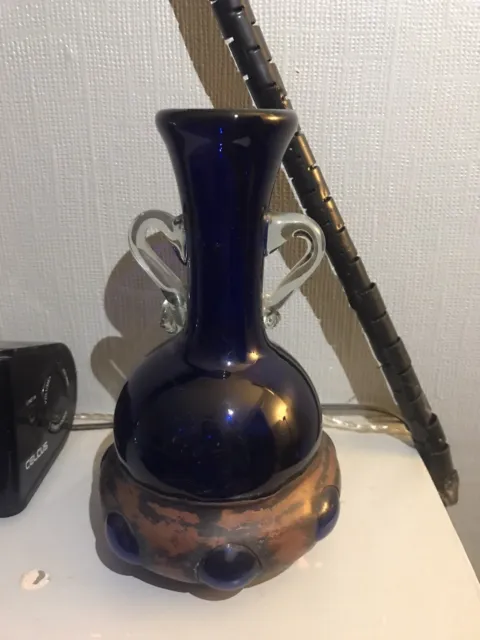 Vintage Romania Cobalt Blue Art Glass Vase Red Metal Casing Twin Handle Handmade