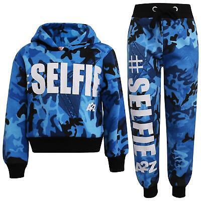Kids Girls Track Suit #Selfie Camouflage Blue Hooded Crop Top Bottom Jog Suits
