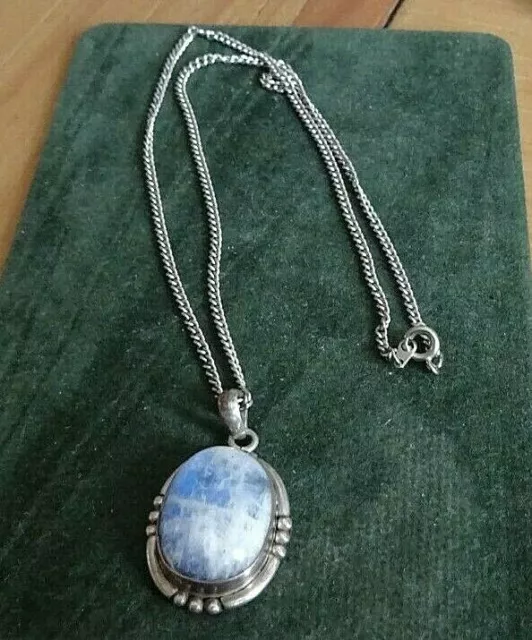 Exquisite Rare Vintage Blue & White Stone Silver Pendant & Chain  Hallmarked