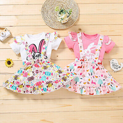 Toddler Baby Girls Cute Easter Rabbit Printed Tops+Suspender Skirts Outfits