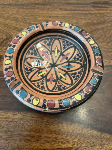 Vintage African Pottery Ashtray Colorful Hand Painted Signed TL