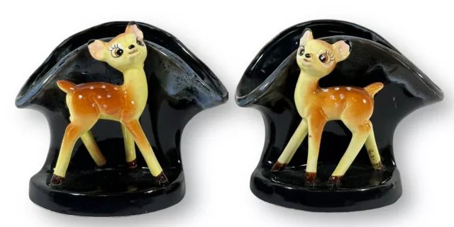 Bambi Deer Planters Ceramic Pottery Vintage Set 1950's/60's Black Glaze CUTE