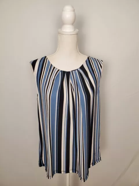 Jones New York Blue, Black & White Striped Pleated Neck Sleeveless Top Sz Large