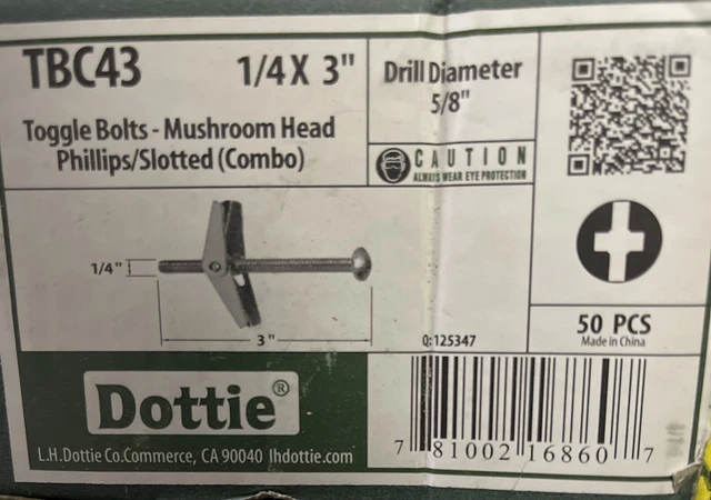 DOTTIE TBC43  1/4 "  X 3 " TOGGLE BOLTS  (qty 25) Mushroom head new open box