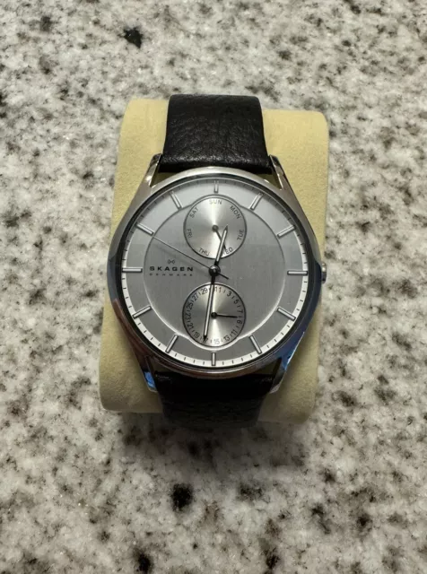 Skagen Grenen Multi-Function Silver Dial Black Leather Men's Watch - Mint