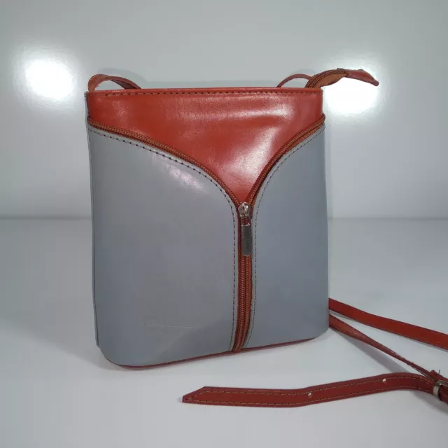 Vera Pelle Italian Leather. Over Body Shoulder Mini Bag (Tan & Grey)