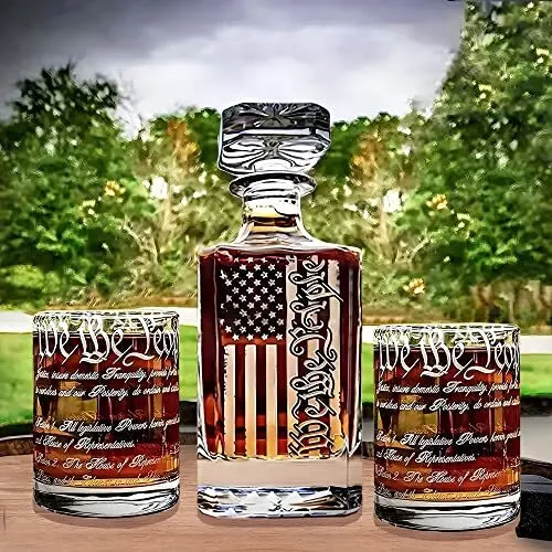 Whiskey Decanter Engraved We the People American Flag Decanter Set with 2 Glasse
